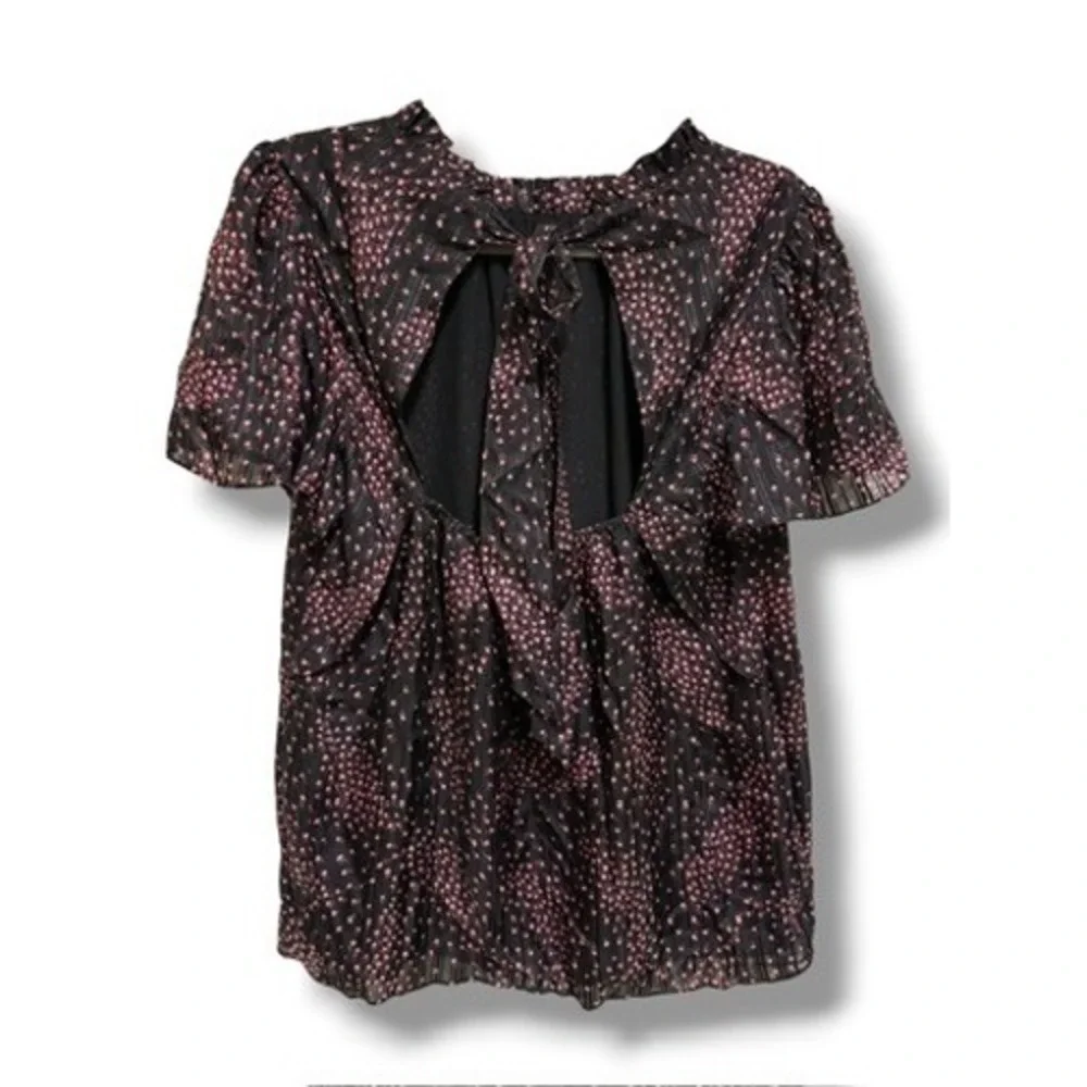 Kate Spade New York Meadow Floral Silk Blend Smocked Neck Tie Back Top‎ Black 10